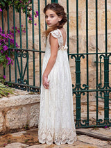 Ivory Jewel Neck Lace Short Sleeves Floor-Length A-Line Lace Kids Social Party Dresses-Ballbella