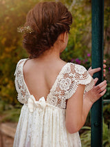 Ivory Jewel Neck Lace Short Sleeves Floor-Length A-Line Lace Kids Social Party Dresses-Ballbella