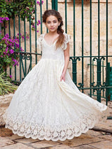 Ivory Jewel Neck Lace Short Sleeves Floor-Length A-Line Lace Kids Social Party Dresses-Ballbella