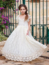 Ivory flower girl dresses Jewel Neck Lace Short Sleeves Floor-Length A-Line Lace Kids Social Party Dresses