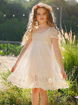 Ivory Jewel Neck Short Sleeves Lace Formal Kids Pageant flower girl dresses-Ballbella