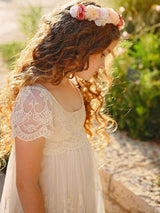 Ivory Jewel Neck Short Sleeves Lace Formal Kids Pageant flower girl dresses-Ballbella