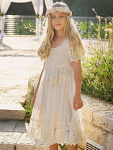Ivory Jewel Neck Short Sleeves Lace Formal Kids Pageant flower girl dresses-Ballbella
