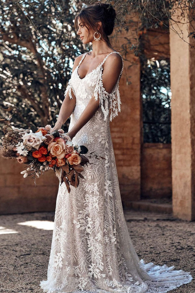 Ivory Lace Sexy Backless Wedding Dress with Train A-Line Sleeveless Chic V-Neck Bridal Gowns Ivory Lace Sexy Backless Wedding Dress with Train A-Line Sleeveless Chic V-Neck Bridal Gowns