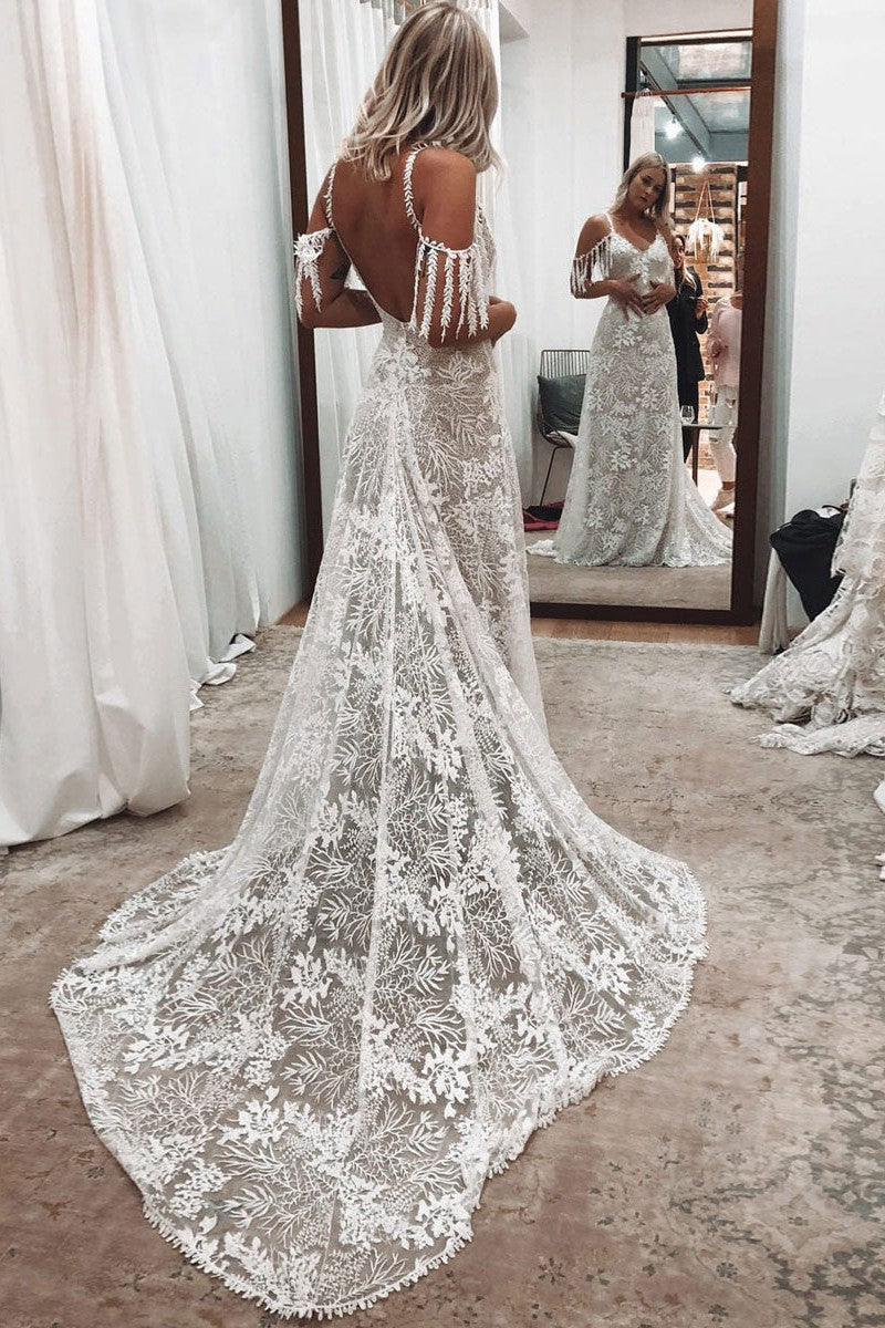 Ivory Lace Sexy Backless Wedding Dress With Train A-Line Sleeveless Chic V-Neck Bridal Gowns Ivory Lace Sexy Backless Wedding Dress With Train A-Line Sleeveless Chic V-Neck Bridal Gowns