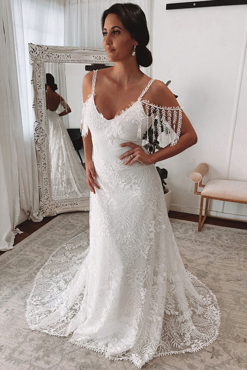 Ivory Lace Sexy Backless Wedding Dress With Train A-Line Sleeveless Chic V-Neck Bridal Gowns Ivory Lace Sexy Backless Wedding Dress With Train A-Line Sleeveless Chic V-Neck Bridal Gowns