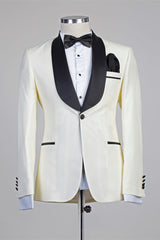 Ivory One Button Simple Slim Fit Wedding Suits with Black Lapel-Ballbella