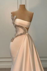 Ivory One shoulder Ivory Satin Silver Beaded Mermaid Prom Dresses-Ballbella