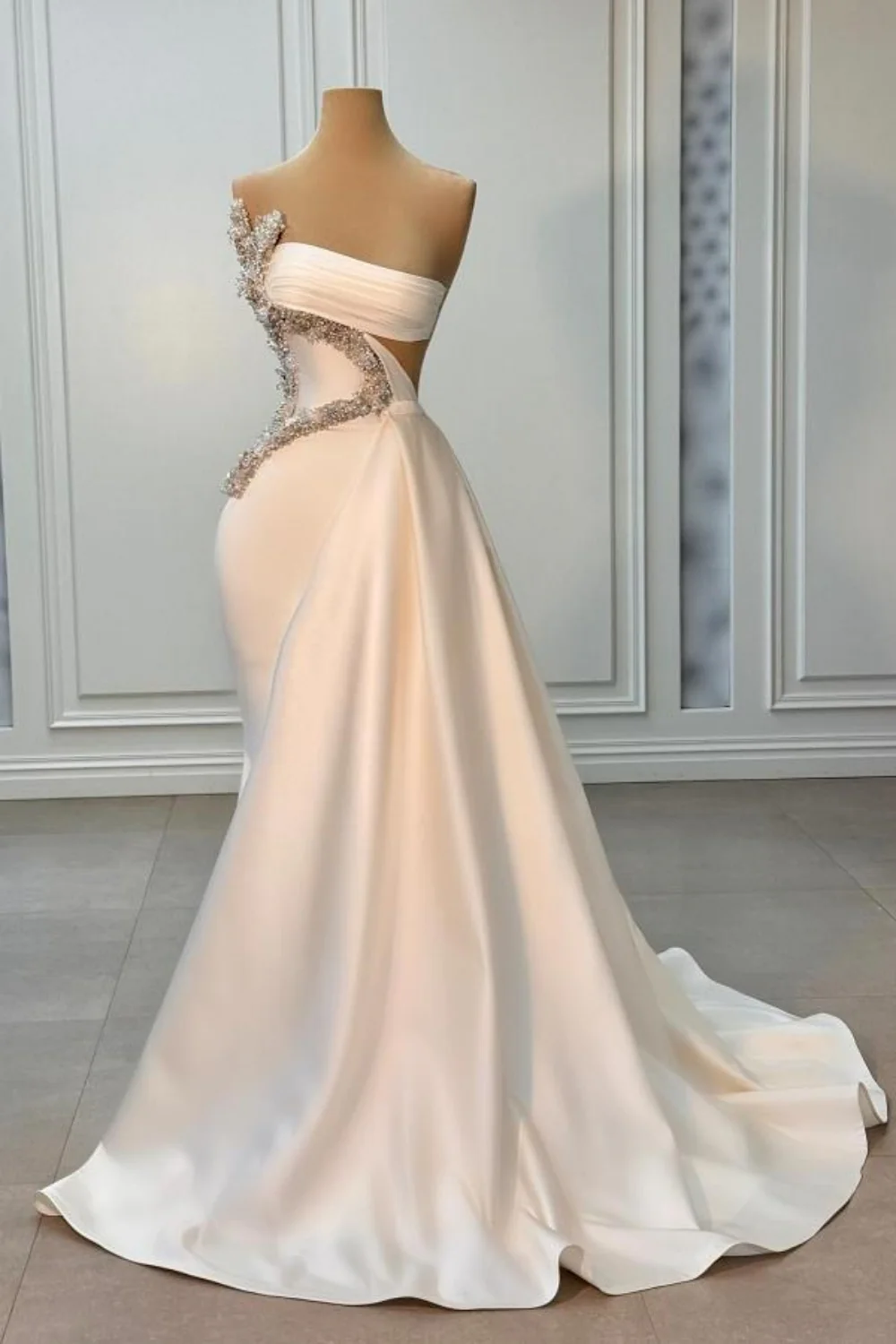 Ivory One shoulder Ivory Satin Silver Beaded Mermaid Prom Dresses Ivory One shoulder Ivory Satin Silver Beaded Mermaid Prom Dresses