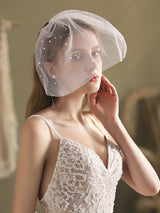 Ivory One-Tier Pearls Tulle Cut Edge Oval Short Wedding Veils-Ballbella