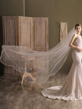Ivory One-Tier Tulle Finished Edge Waterfall Long Wedding Veils-Ballbella