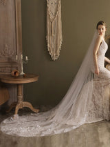 Ivory One-Tier Tulle Lace Applique Edge Waterfall Long Wedding Veil-Ballbella