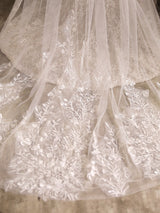 Ivory One-Tier Tulle Lace Applique Edge Waterfall Long Wedding Veil-Ballbella
