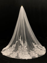 Ivory One-Tier Tulle Lace Applique Edge Waterfall Long Wedding Veil-Ballbella