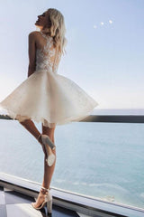 Ivory Sleeveless Lace Puffy Flowers Homecoming Dress-Ballbella