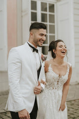 Ivory Sleeveless Straps A-Line Wedding Dresses with Chapel Train-Ballbella