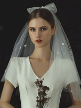 Ivory Two Tier Bows Tulle Cut Edge Drop Wedding Veils-Ballbella