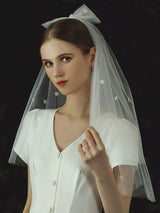 Ivory Two Tier Bows Tulle Cut Edge Drop Wedding Veils-Ballbella