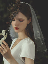 Ivory Two Tier Bows Tulle Finished Edge Drop Wedding Veils-Ballbella