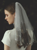 Ivory Two Tier Bows Tulle Finished Edge Drop Wedding Veils-Ballbella