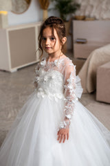 Jewel Long Sleeve Ball Gown Backless Lace Applique Bowknot Flower Girl Dress-Ballbella
