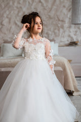 Jewel Long Sleeve Ball Gown Backless Lace Applique Bowknot Flower Girl Dress-Ballbella