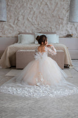 Jewel Long Sleeve Ball Gown Backless Lace Applique Bowknot Flower Girl Dress-Ballbella