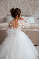 Jewel Long Sleeve Ball Gown Backless Lace Applique Bowknot Flower Girl Dress-Ballbella