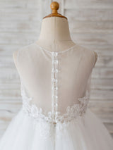 Jewel Neck Lace Sleeveless Short Princess Beaded Kids Social Party Dresses-Ballbella