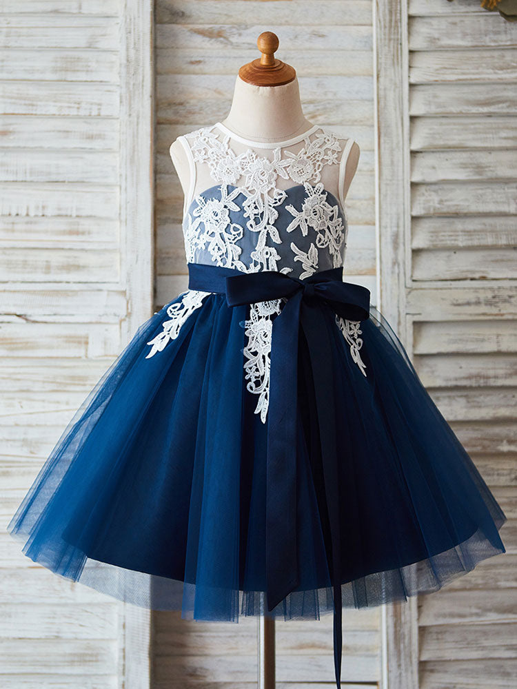Jewel Neck Lace Sleeveless Short Princess Sash Kids Party Dresses, Dark Navy / Child 2 Jewel Neck Lace Sleeveless Short Princess Sash Kids Party Dresses, Dark Navy / Child 2