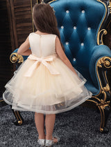 Jewel Neck Polyester Sleeveless Short Ball Gown Bows Kids Social Party Dresses-Ballbella