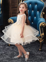 Jewel Neck Polyester Sleeveless Short Ball Gown Bows Kids Social Party Dresses-Ballbella