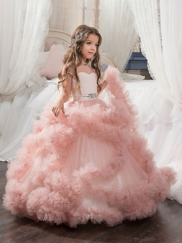 Jewel Neck Short Sleeves Rhinestones Kids Pageant flower girl dresses, Pink / 2 Years old Jewel Neck Short Sleeves Rhinestones Kids Pageant flower girl dresses, Pink / 2 Years old