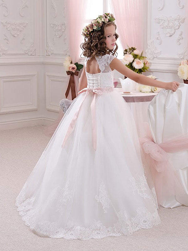 kids princess dresses Jewel Neck Short Sleeves Sash Kids Princess Dresses