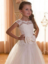 Jewel Neck Tulle Short Sleeves Floor Length Princess Bows Kids Formal Pageant Dresses-Ballbella