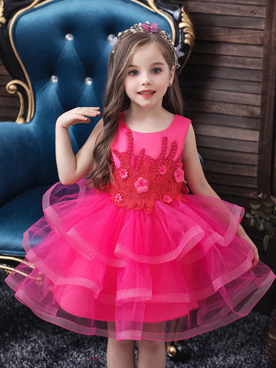 Jewel Neck Tulle Sleeveless Short Princess Beaded Kids Party Dresses, Rose / 2 Years Old Jewel Neck Tulle Sleeveless Short Princess Beaded Kids Party Dresses, Rose / 2 Years Old