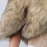 Khaki Butterfly Sleeve Lapel Collar Faux Fur Winter Wedding Wraps-Ballbella