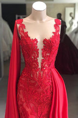 Lace Long Evening Dresses Sleeveless Red Prom Dresses with Cape-Ballbella