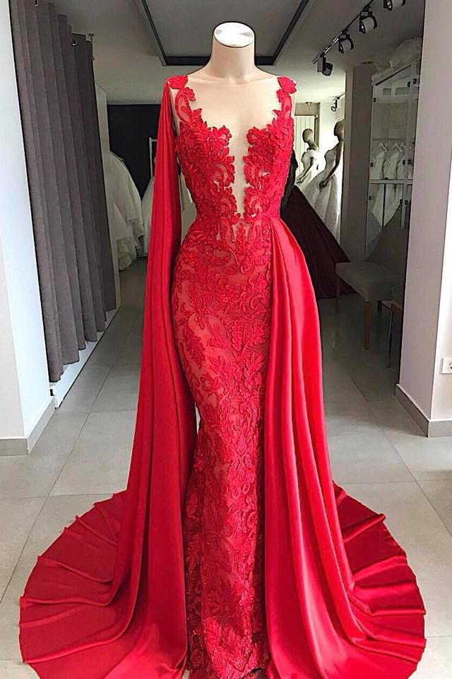 Lace Long Evening Dresses Sleeveless Red Prom Dresses with Cape Lace Long Evening Dresses Sleeveless Red Prom Dresses with Cape