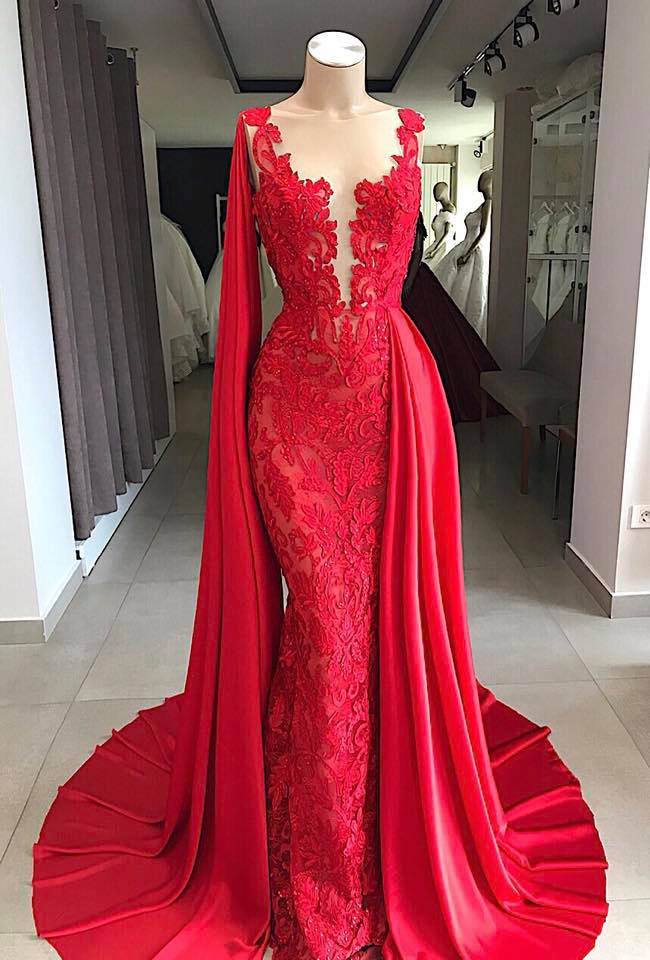 Lace Long Evening Dresses Sleeveless Red Prom Dresses with Cape – Ballbella