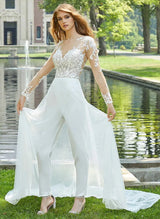 Lace Long Sleeve Jumpsuit Wedding Dress Illusion Neck-Ballbella