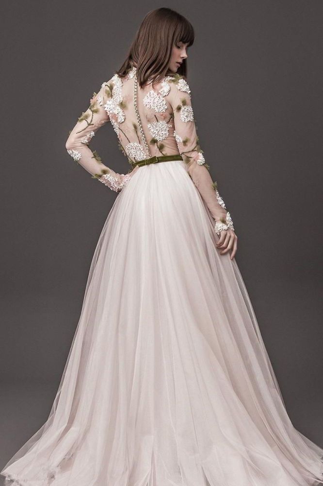 Lace Long Sleeves Floral A line Wedding Dresses Pleated Tulle Bridal Gowns Online Lace Long Sleeves Floral A line Wedding Dresses Pleated Tulle Bridal Gowns Online