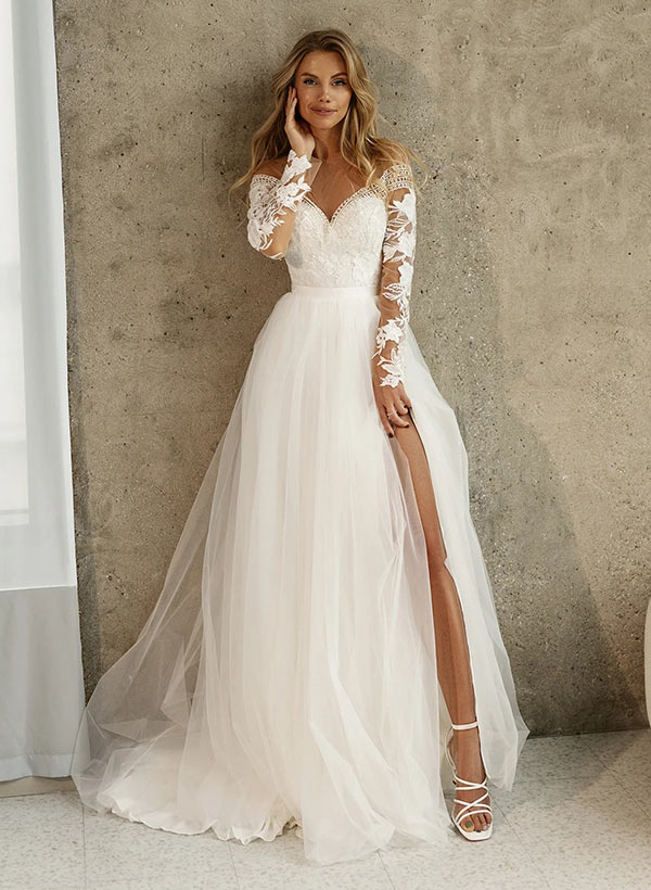 Lace Long Sleeves Wedding Dress Front Split Lace Long Sleeves Wedding Dress Front Split