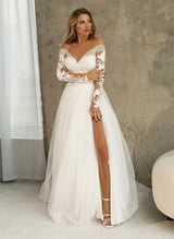 Lace Long Sleeves Wedding Dress Front Split-Ballbella
