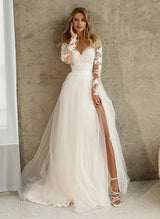 Lace Long Sleeves Wedding Dress Front Split-Ballbella