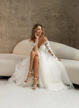 Lace Long Sleeves Wedding Dress Front Split-Ballbella