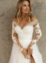 Lace Long Sleeves Wedding Dress Front Split-Ballbella