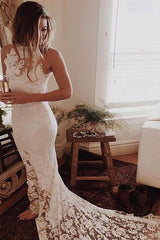 Lace Mermaid Sleeveless Halter Chapel Train Wedding Dresses-Ballbella