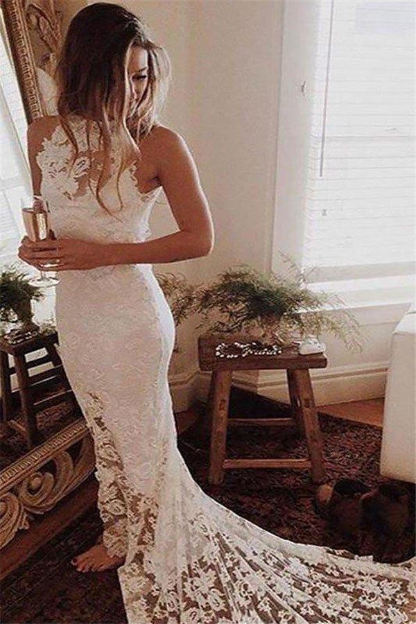lace chapel train wedding dresses Wedtrend Women Ivory Bridal Dress A Line Spaghetti Straps Lace Chapel Train Wedding Dresses With Slit, Ivory / US10