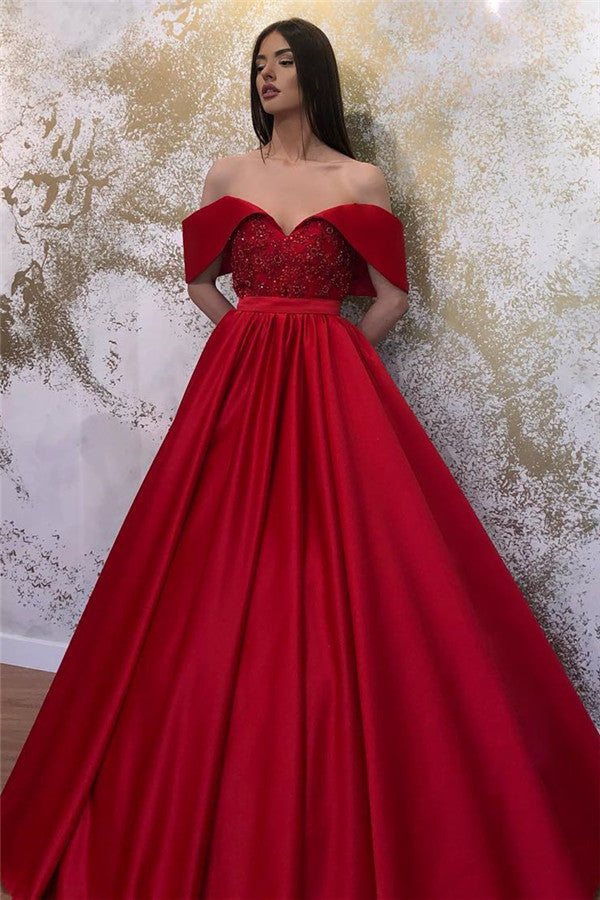 Off Shoulder Long A-line Red Lace Prom Dresses, Formal Dresses